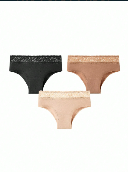 Panti  básicas de algodón ligero con ribete de encaje para mujer,  de talle medio y corte atrevido, en tonos tierra XS